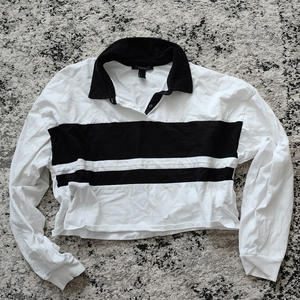 FOREVER 21 Cropped Longsleeve Collared Shirt Womens Size L Black & White Cotton